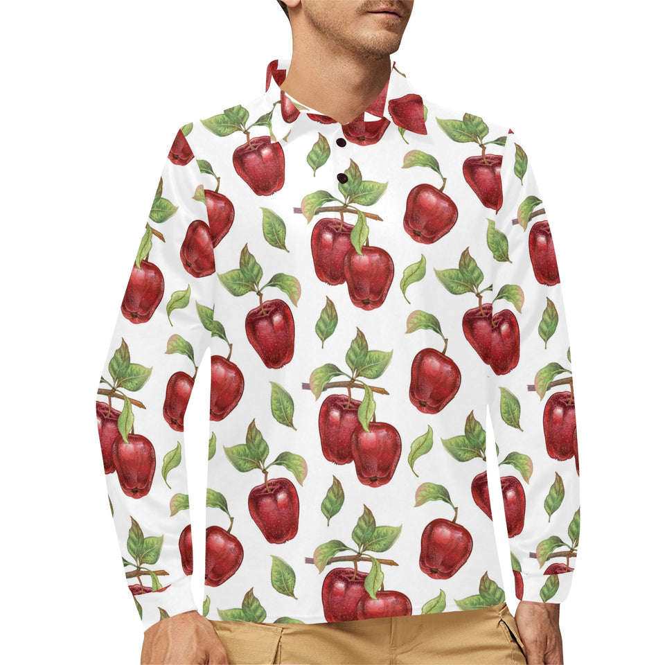 Red apples pattern Men's Long Sleeve Polo Shirt