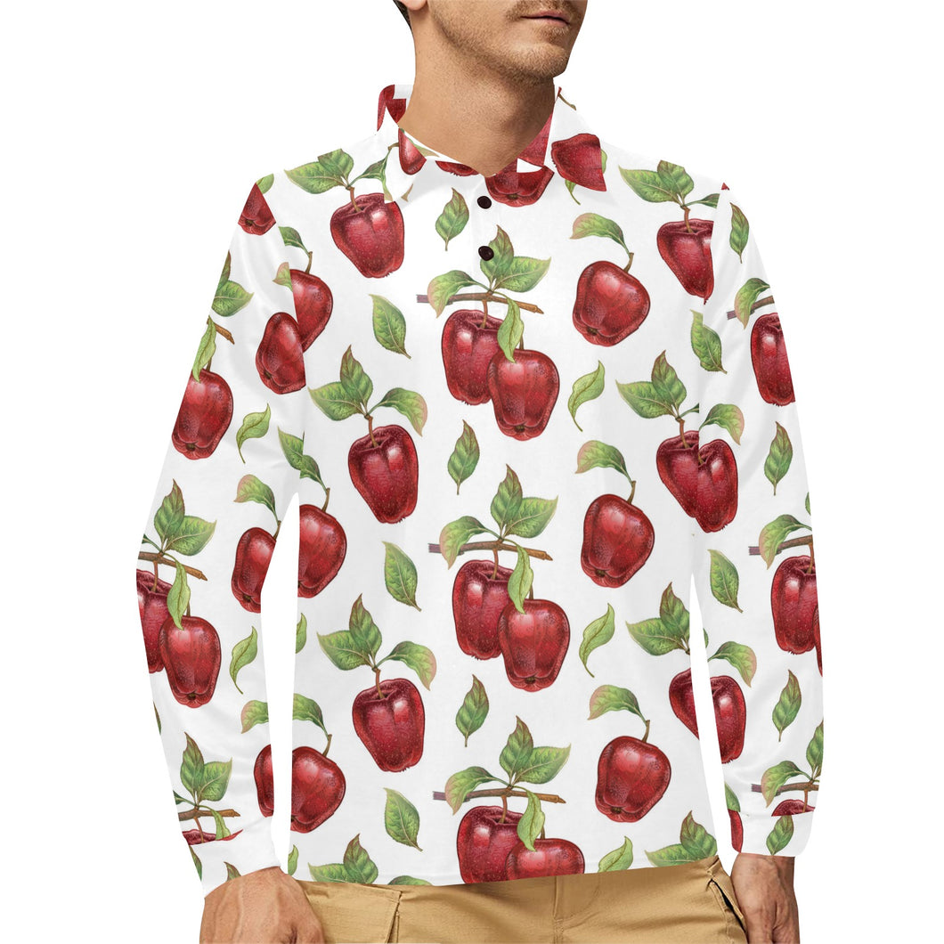 Red apples pattern Men's Long Sleeve Polo Shirt