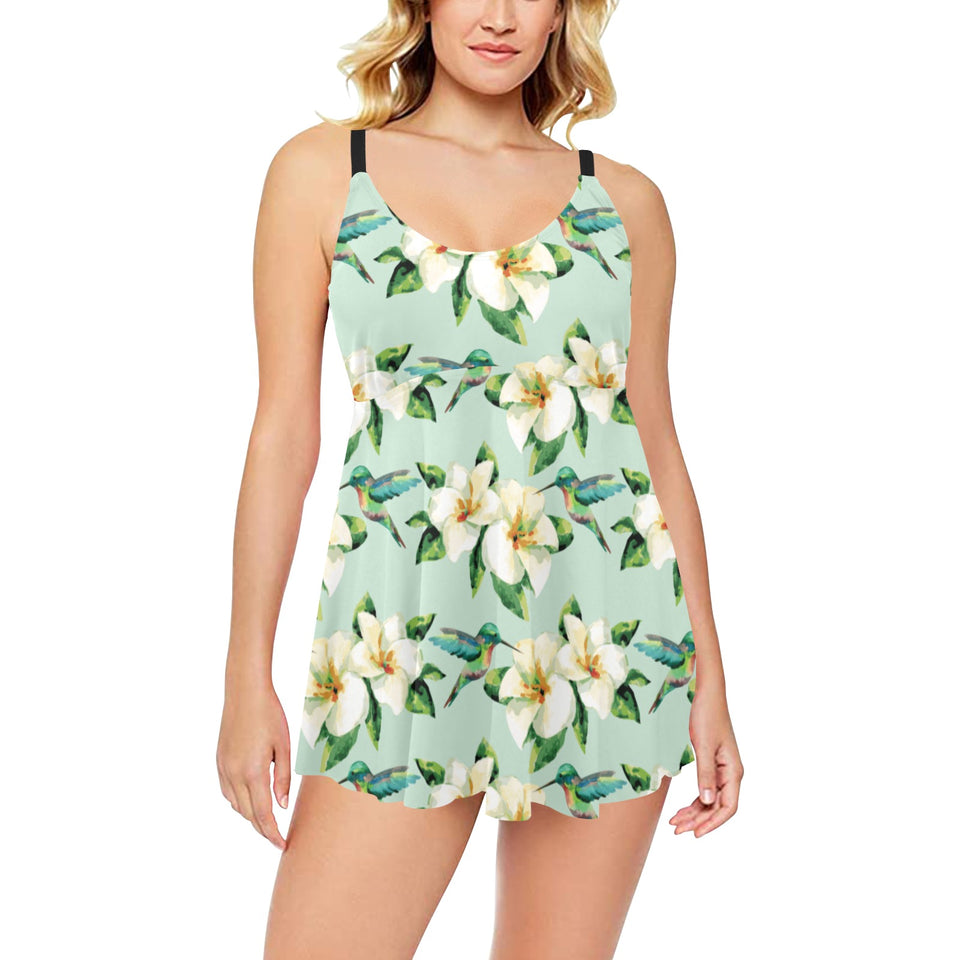 Hummingbird Pattern Print Design 01 Chest Sexy Pleated Two Piece Swim Dress