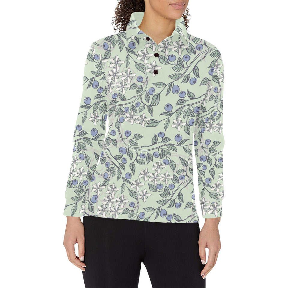 hand drawn blueberry pattern Women's Long Sleeve Polo Shirt