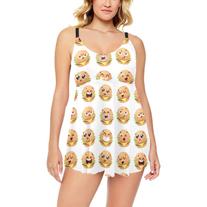 Hamburger Pattern Print Design 04 Chest Sexy Pleated Two Piece Swim Dress