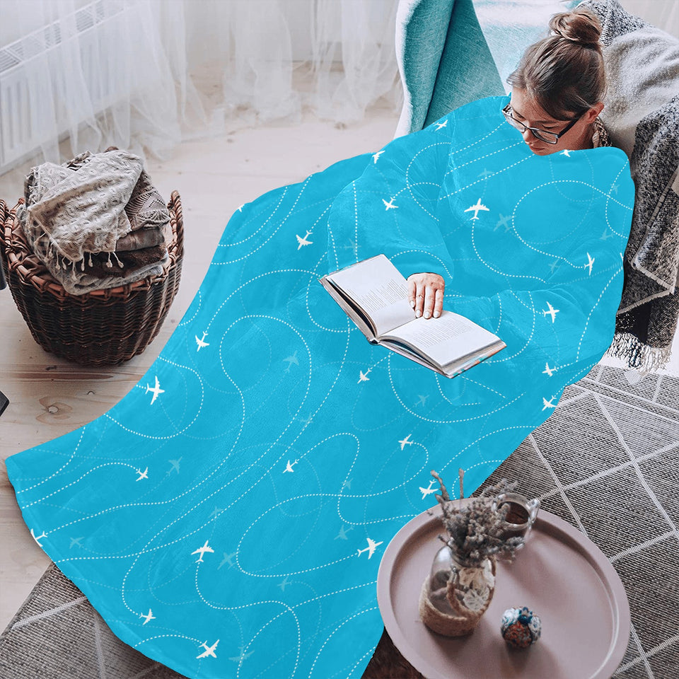 Airplane destinations blue background Blanket Robe with Sleeves