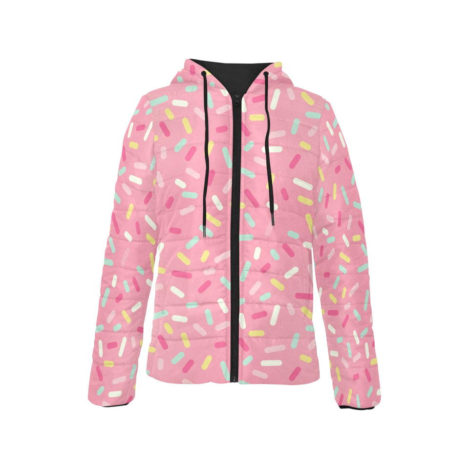 Pink donut glaze candy pattern Women's Padded Hooded Jacket