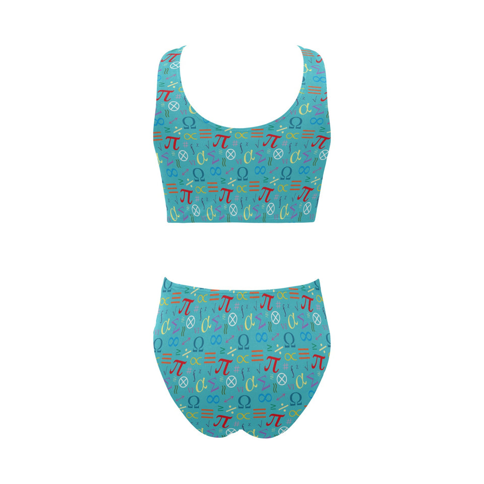 Math Pattern Print Design 02 Chest Bowknot High Waisted Bikini Swimsuit