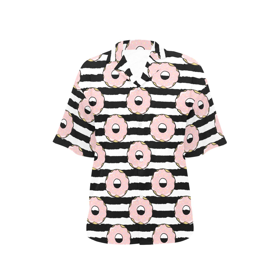 Donuts pink icing striped pattern Women's All Over Print Hawaiian Shirt