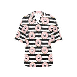 Donuts pink icing striped pattern Women's All Over Print Hawaiian Shirt