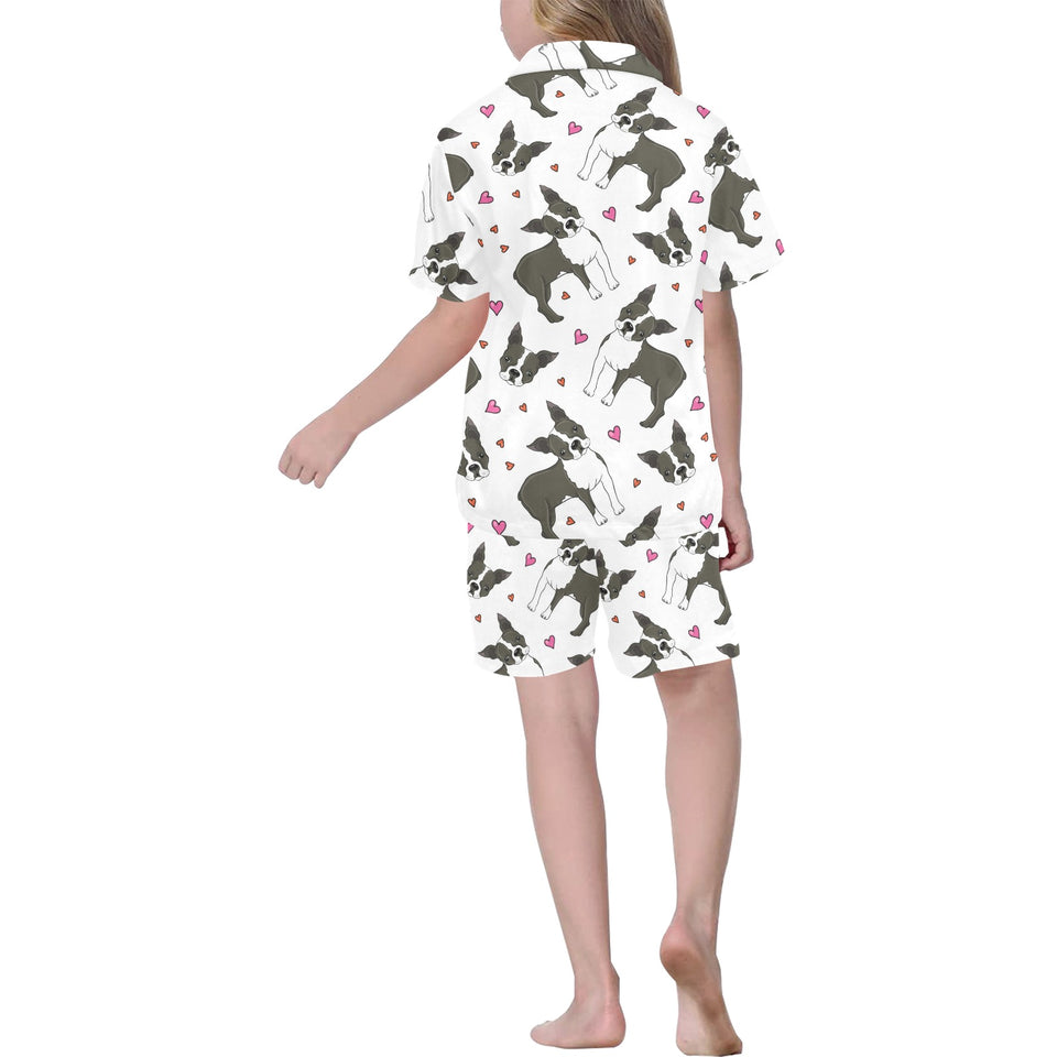 Boston terrier dog hearts vector pattern Kids' Boys' Girls' V-Neck Short Pajama Set