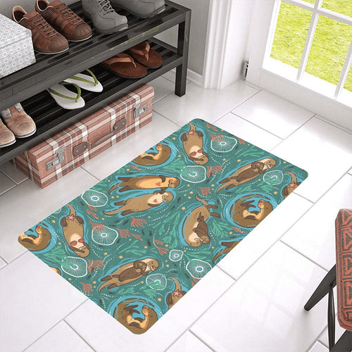 cute brown sea otters ornamental seaweed corals gr Doormat