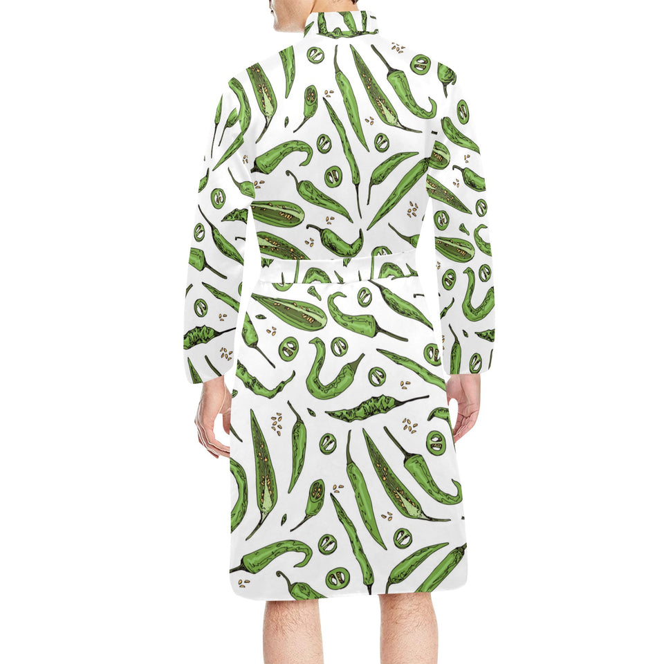 Hand drawn sketch style green Chili peppers patter Men's Long Sleeve Belted Night Robe