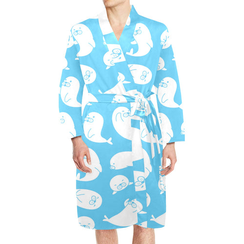 Cute white sea lion seals pattern Men's Long Sleeve Belted Night Robe