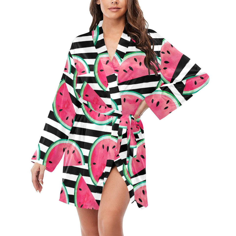 Watercolor paint textured watermelon pieces Women's Long Sleeve Belted Night Robe