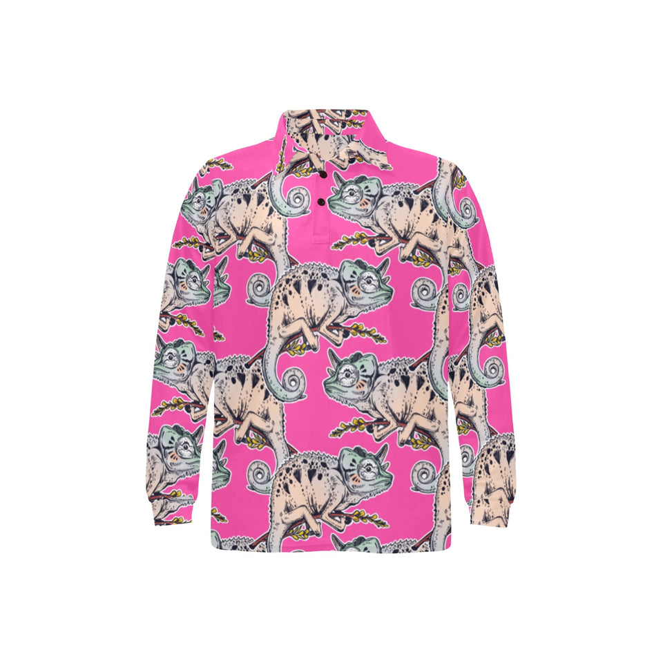 Chameleon lizard pattern pink background Men's Long Sleeve Polo Shirt