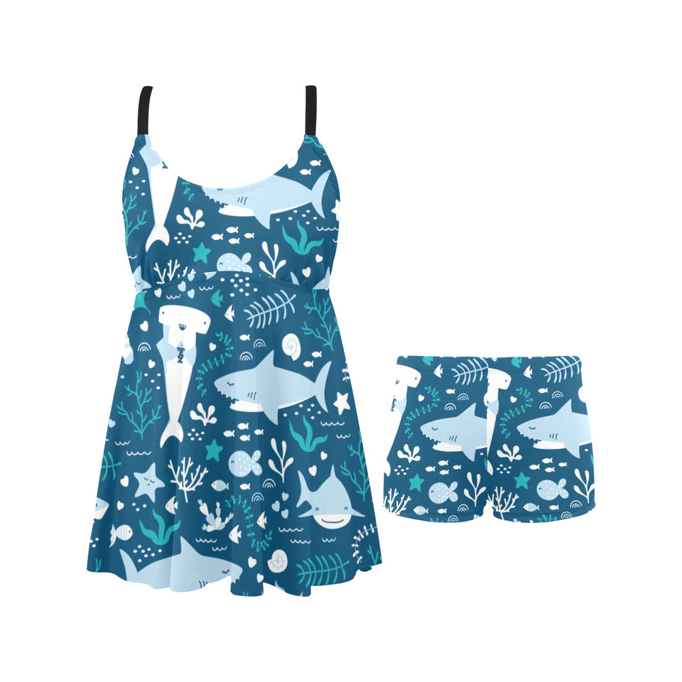 Cute shark pattern Chest Sexy Pleated Two Piece Swim Dress