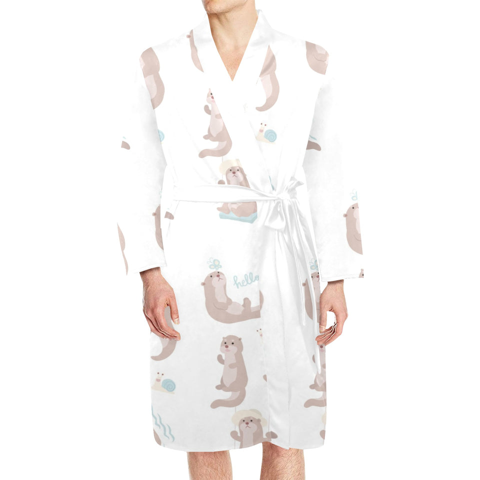 Cute sea otters pattern Men's Long Sleeve Belted Night Robe