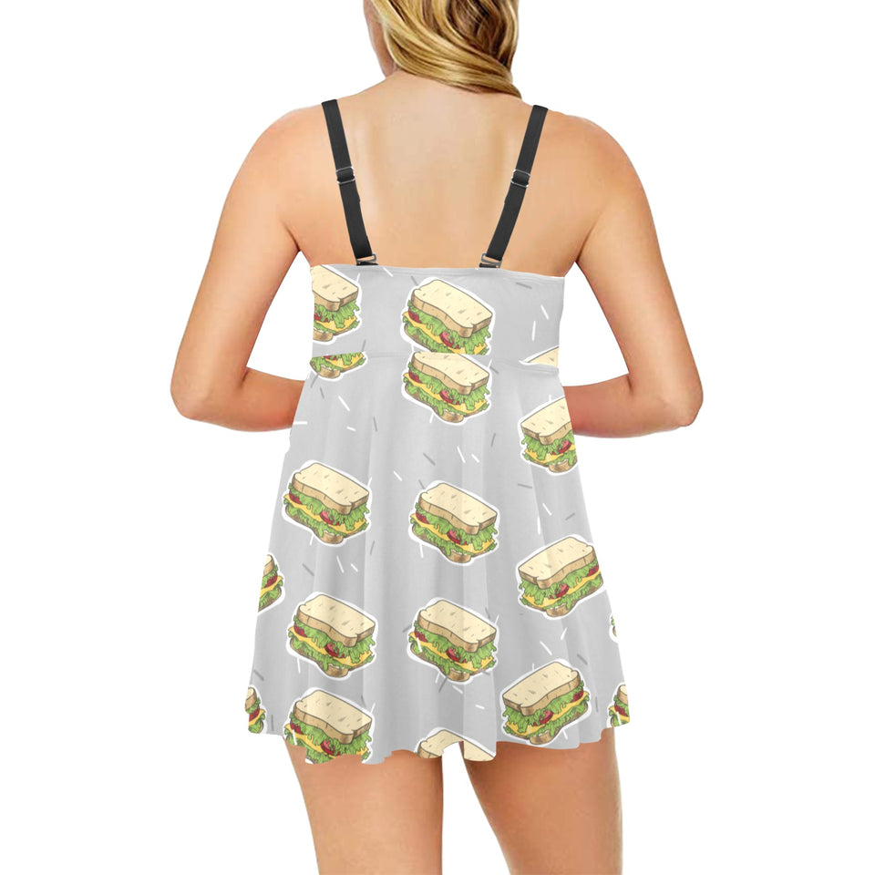 Sandwich Pattern Print Design 05 Chest Sexy Pleated Two Piece Swim Dress