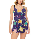 Colorful sea turtle pattern Chest Sexy Pleated Two Piece Swim Dress