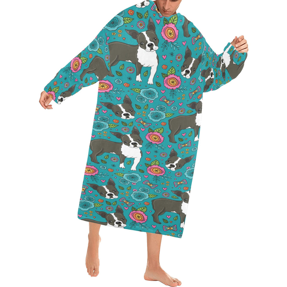 Boston terrier beautiful flower pattern Blanket Robe with Sleeves