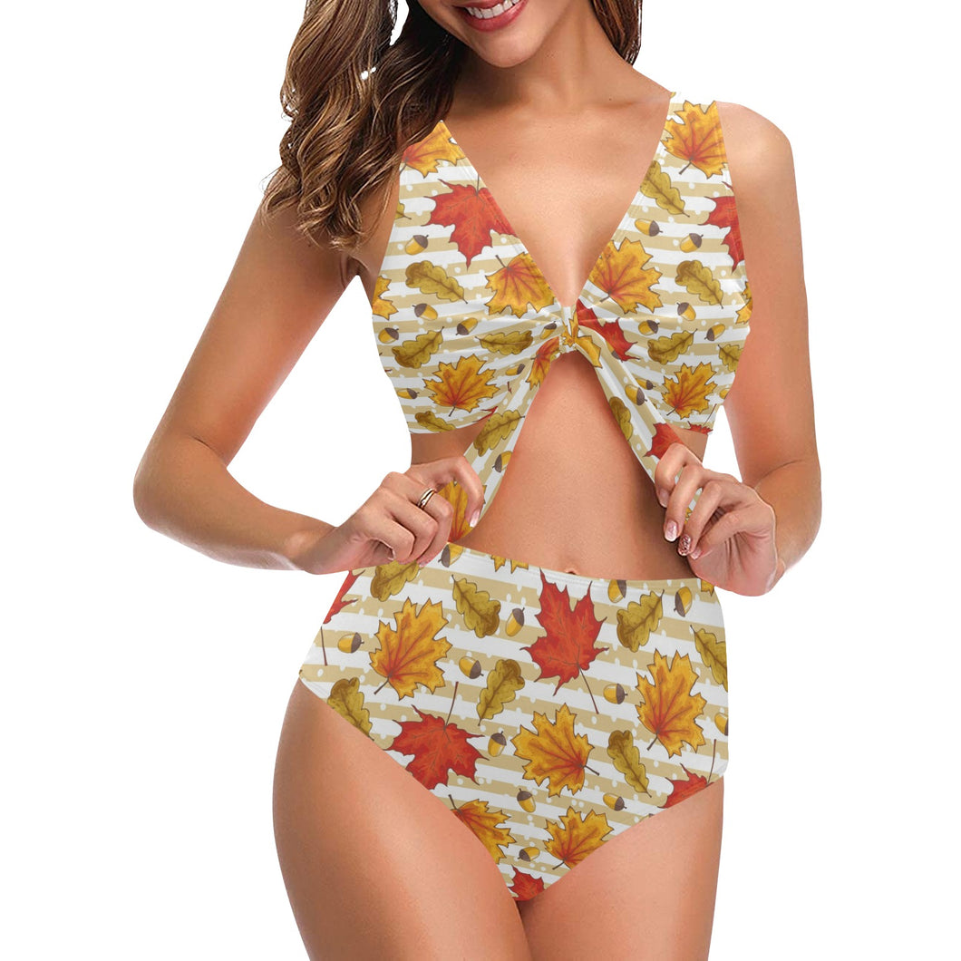 Maple leaf oak leaf acorns beige striped backgroun Chest Bowknot High Waisted Bikini Swimsuit
