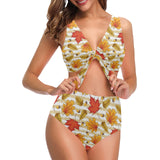 Maple leaf oak leaf acorns beige striped backgroun Chest Bowknot High Waisted Bikini Swimsuit