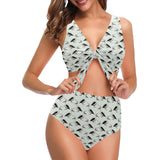 Pelican Pattern Print Design 02 Chest Bowknot High Waisted Bikini Swimsuit