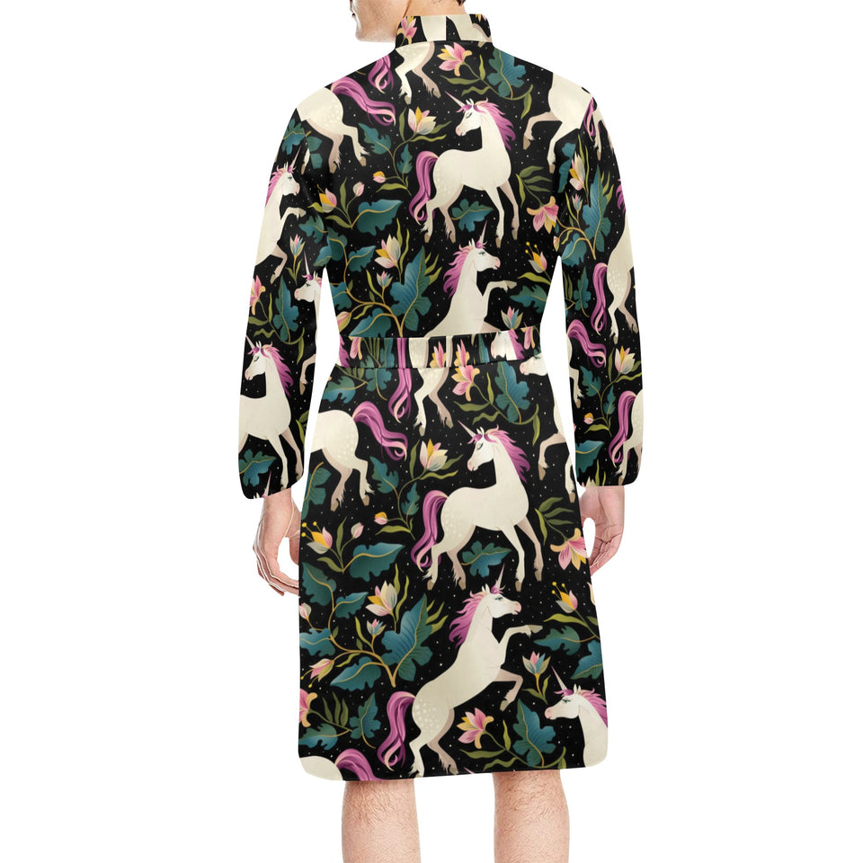 Unicorns forest background Men's Long Sleeve Belted Night Robe