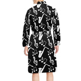 Saxophone music notes treble clef black white them Men's Long Sleeve Belted Night Robe