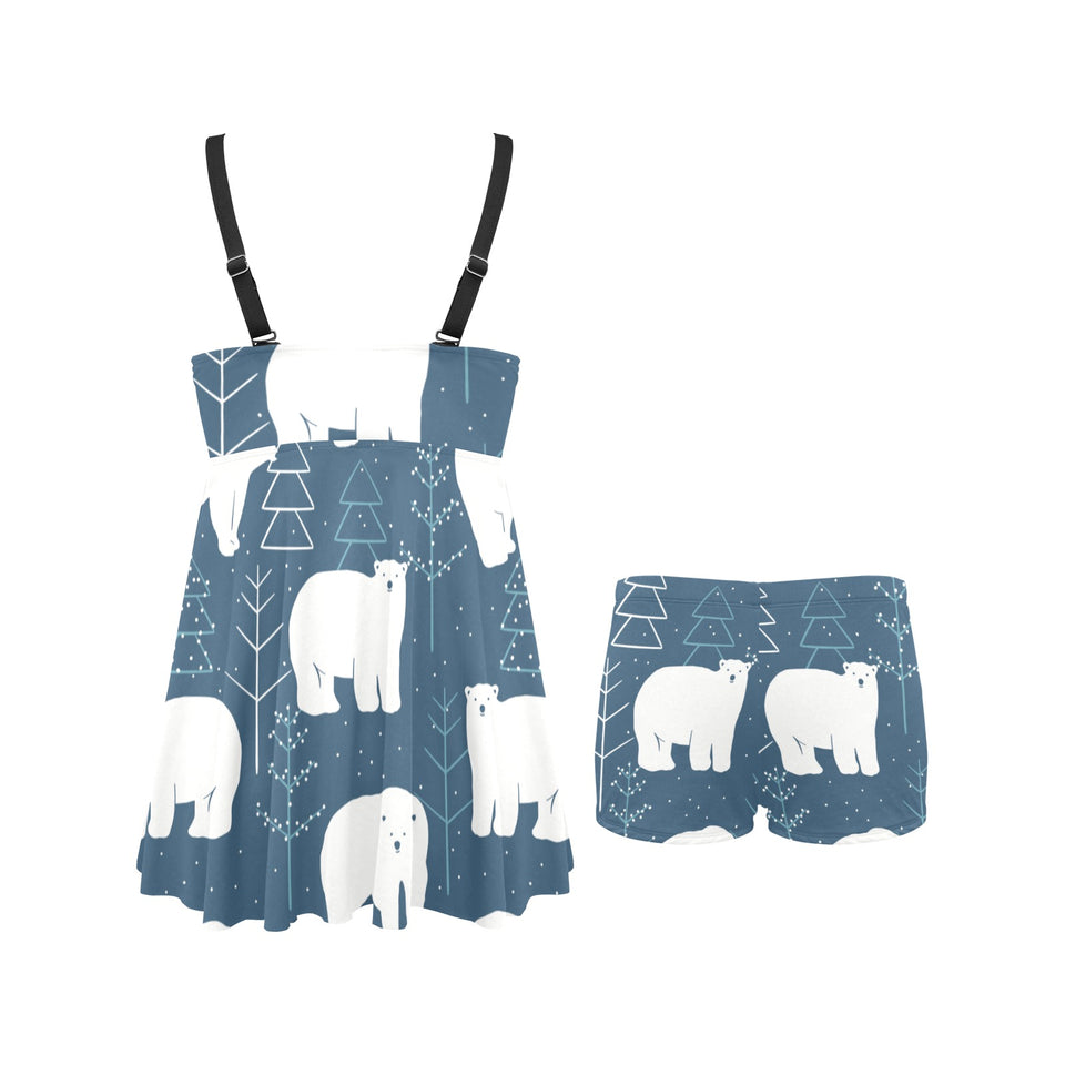 polar bear mother her child pattern Chest Sexy Pleated Two Piece Swim Dress