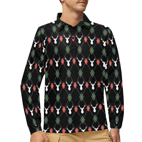 Deer Christmas new year pattern argyle Men's Long Sleeve Polo Shirt