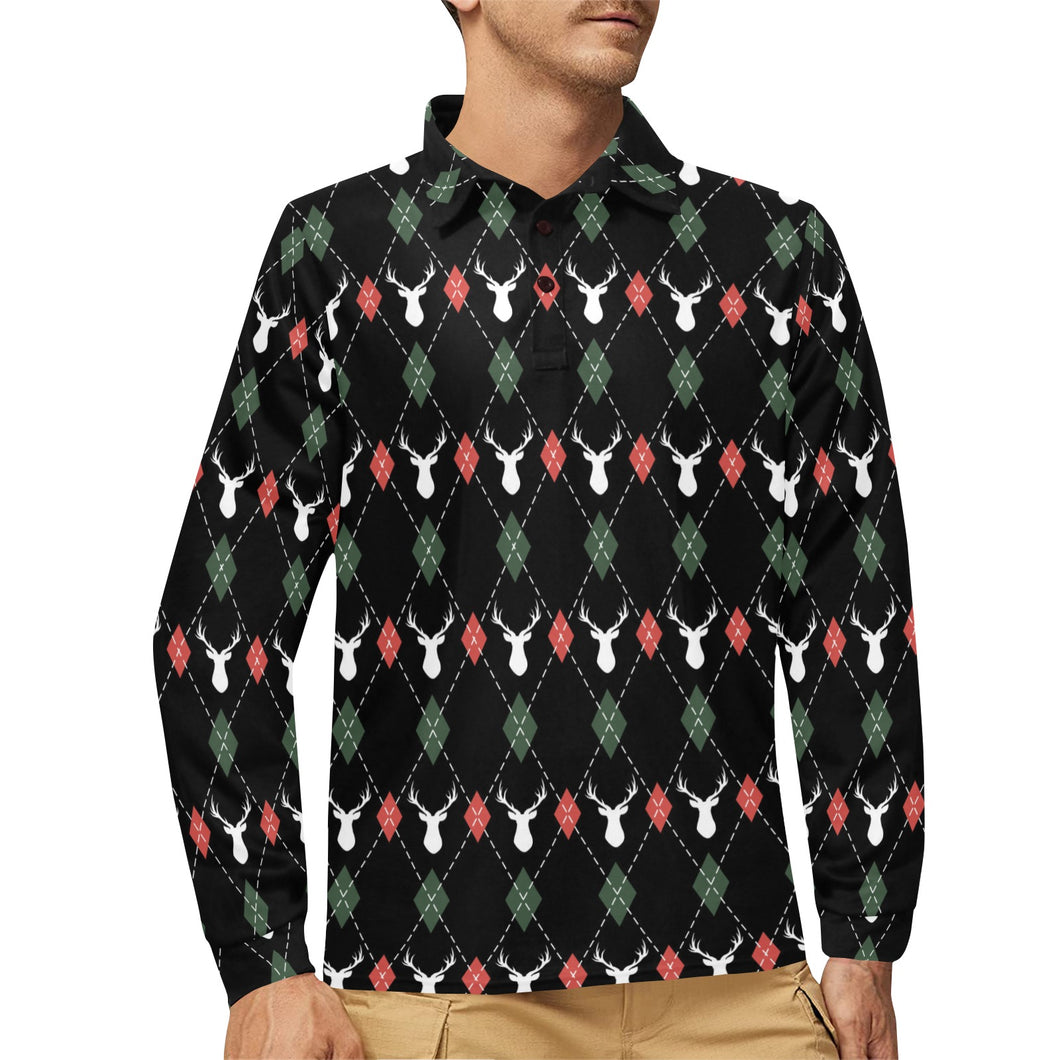 Deer Christmas new year pattern argyle Men's Long Sleeve Polo Shirt