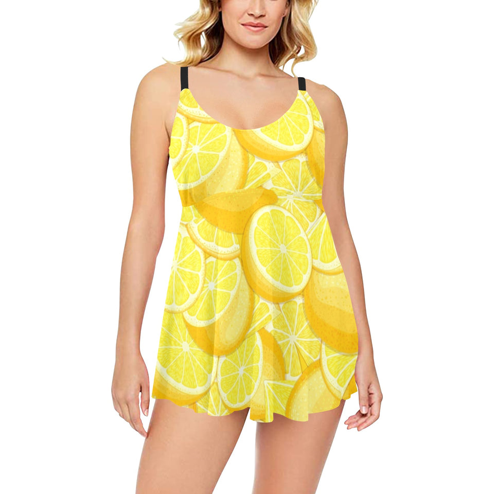 lemon pattern Chest Sexy Pleated Two Piece Swim Dress