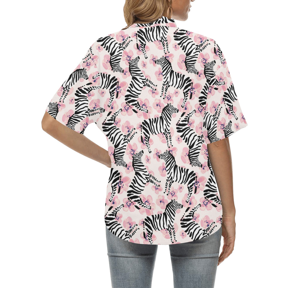 Zebra pink flower background Women's All Over Print Hawaiian Shirt