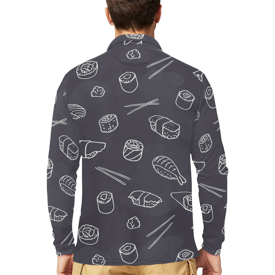 sushi pattern black background Men's Long Sleeve Polo Shirt