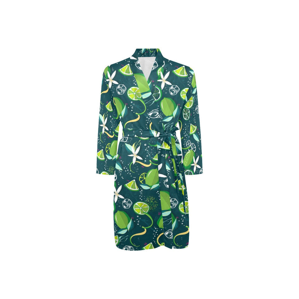 Lime ice flower pattern Men's Long Sleeve Belted Night Robe