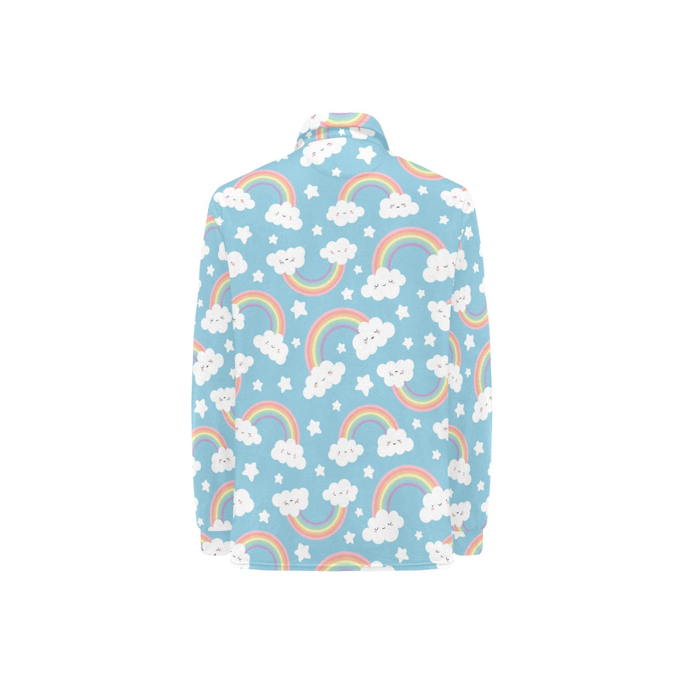Cute rainbow clound star pattern blue background Women's Long Sleeve Polo Shirt
