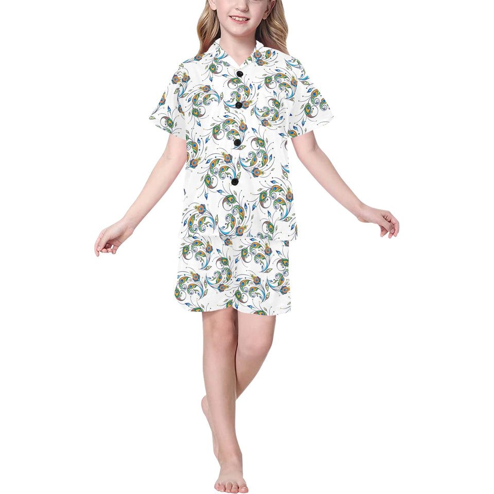 Peacock feather pattern Kids' Boys' Girls' V-Neck Short Pajama Set