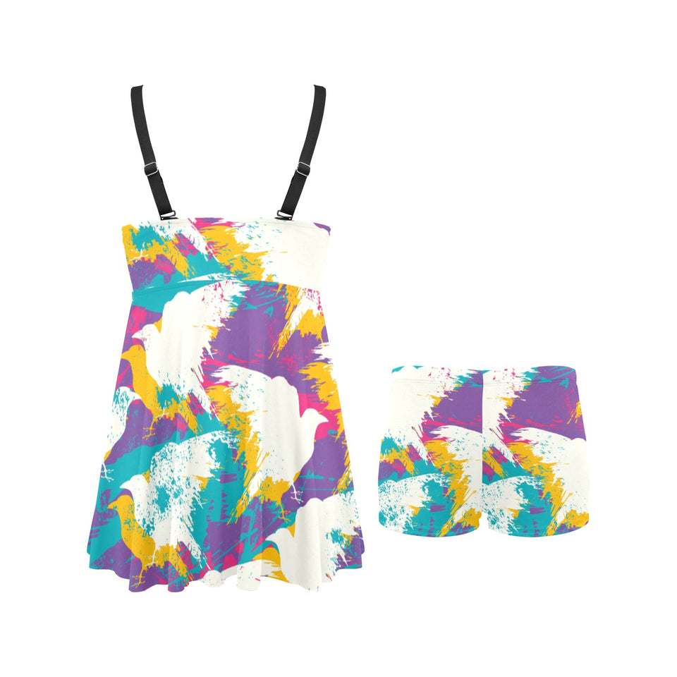 Colorful crow illustration pattern Chest Sexy Pleated Two Piece Swim Dress