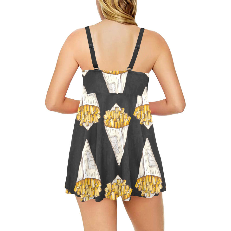 French fries dark background Chest Sexy Pleated Two Piece Swim Dress