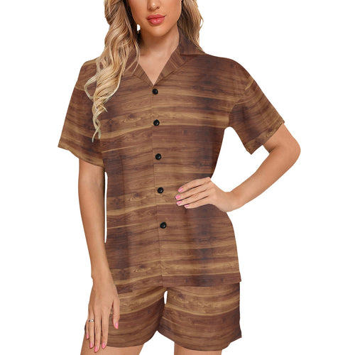 Wood Printed Pattern Print Design 04 Women's V-Neck Short Pajama Set