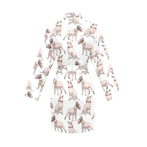 Bull Terrier Pattern Print Design 04 Women's Long Sleeve Belted Night Robe