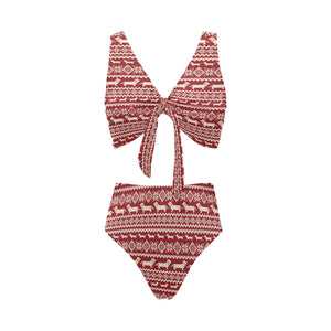 Dachshund Nordic pattern Chest Bowknot High Waisted Bikini Swimsuit