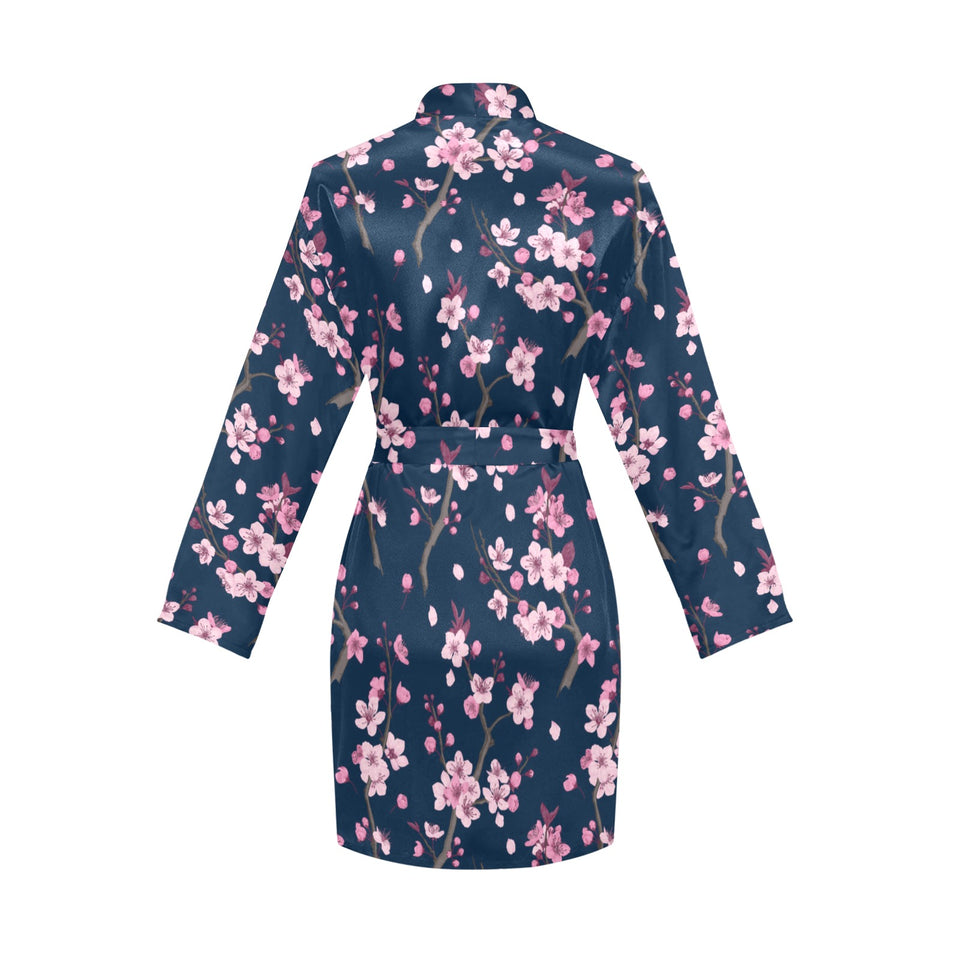 Pink sakura cherry blossom blue background Women's Long Sleeve Belted Night Robe