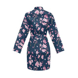 Pink sakura cherry blossom blue background Women's Long Sleeve Belted Night Robe