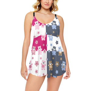 Teddy Bear Pattern Print Design 03 Chest Sexy Pleated Two Piece Swim Dress