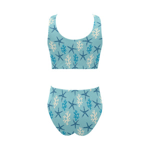 Blue starfish coral reef pattern Chest Bowknot High Waisted Bikini Swimsuit