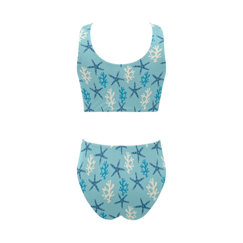 Blue starfish coral reef pattern Chest Bowknot High Waisted Bikini Swimsuit