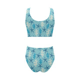 Blue starfish coral reef pattern Chest Bowknot High Waisted Bikini Swimsuit