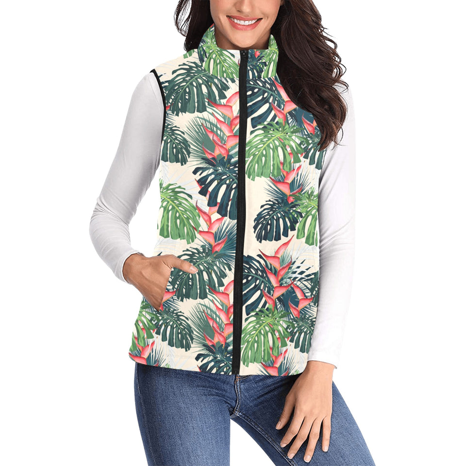 heliconia flowers, palm and monstera leaves Women's Padded Vest