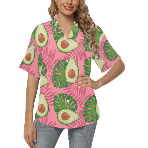 Avocado slices leaves pink back ground Women's All Over Print Hawaiian Shirt