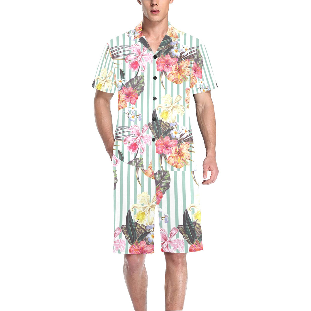 Colorful orchid flower pattern Men's V-Neck Short Pajama Set