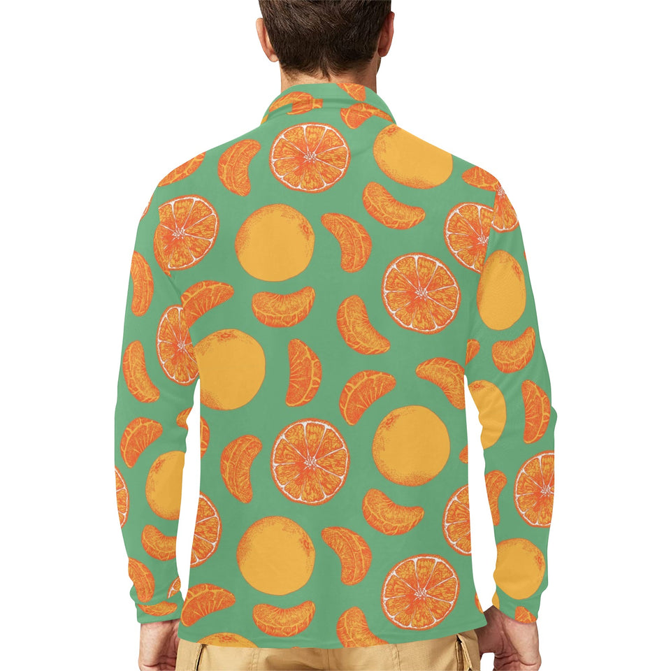 orange fruit pattern green background Men's Long Sleeve Polo Shirt